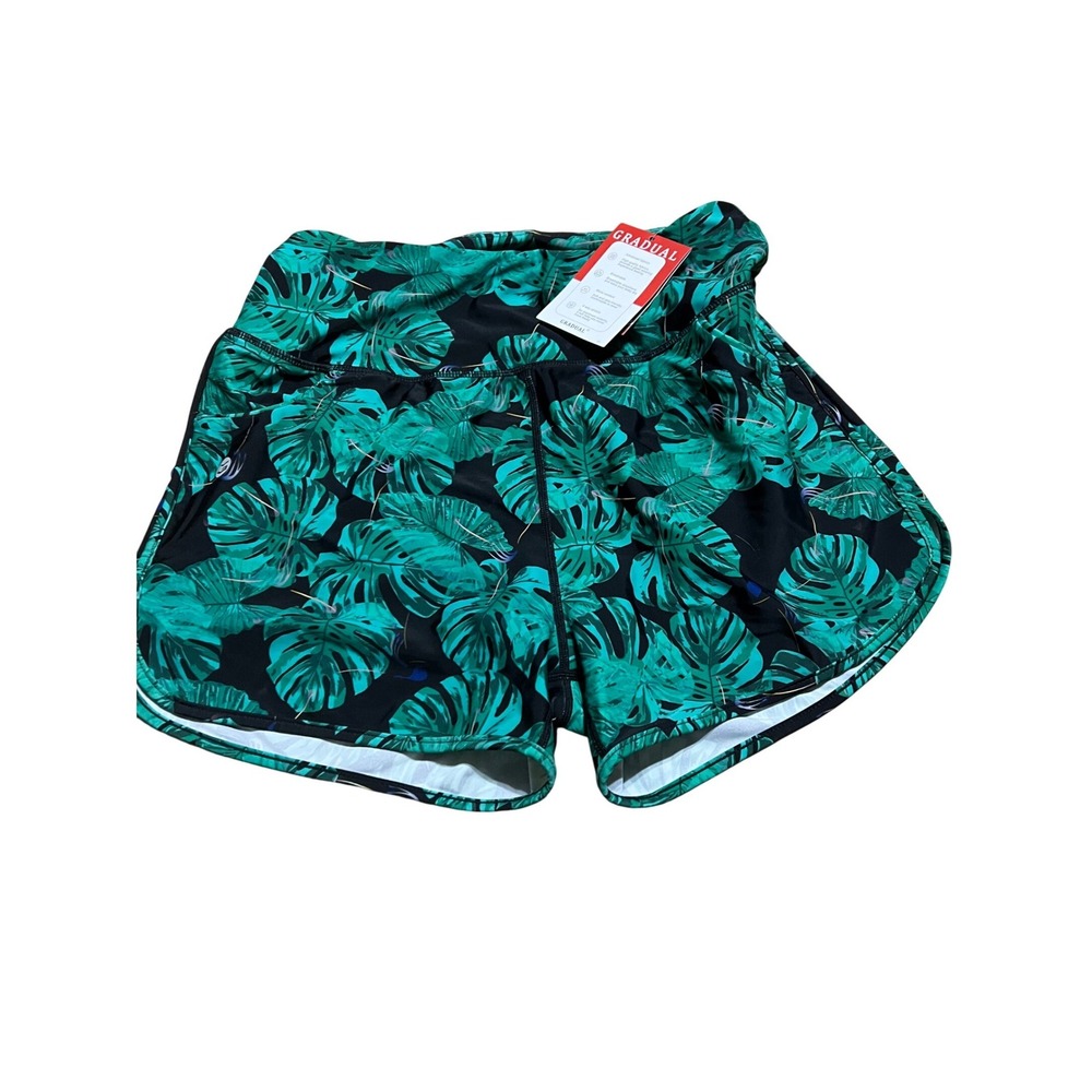 Gradual Womens Tropical Monstera Leaf Athletic‎ Shorts Green Black Size M NWT